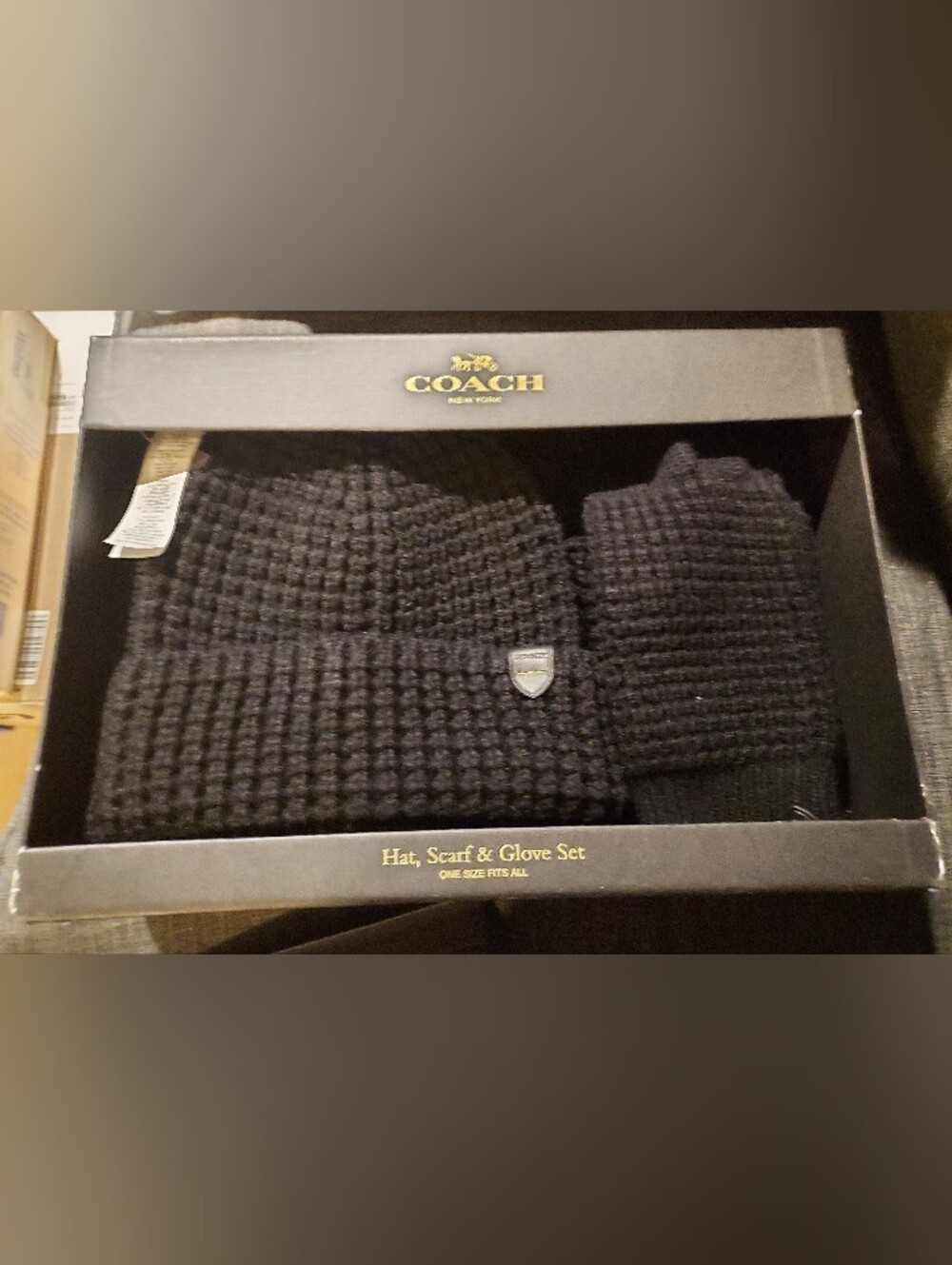 Coach Black Knit Hat, Scarf & Glove Set with Logo Shield In Gift Box